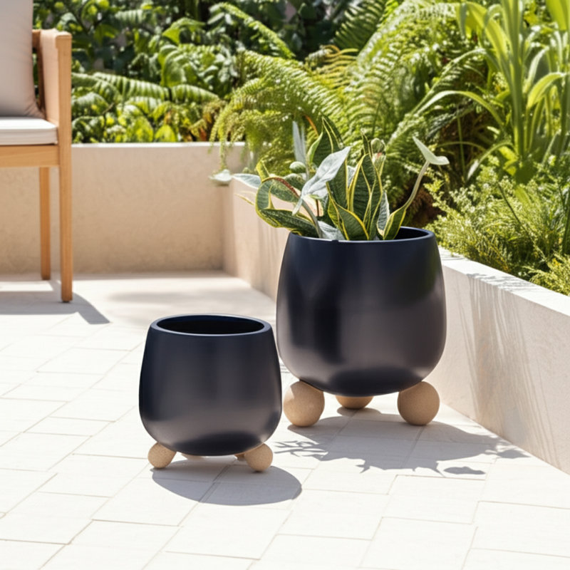 Ereka Stoneware and Ceramic Footed Round Planters with Triple Ball Base Design Set of 2, Black