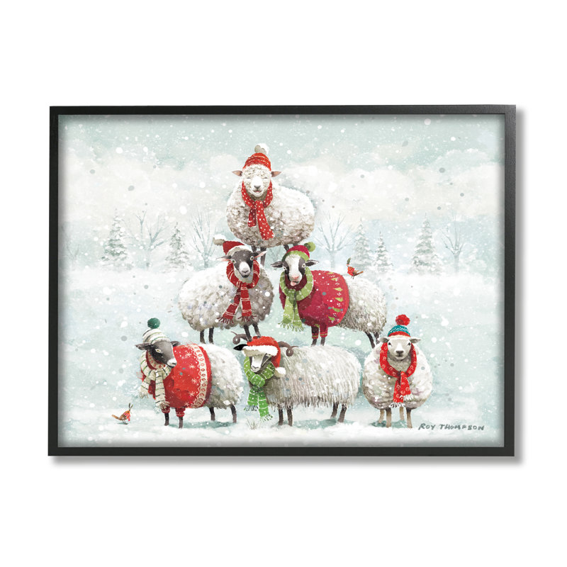 «Winter Sheep Snowy Farm Animals» encadré sur bois par Roy Thompson, peinture, Giclée encadrée noir minuit, H 11 po x l 14 po