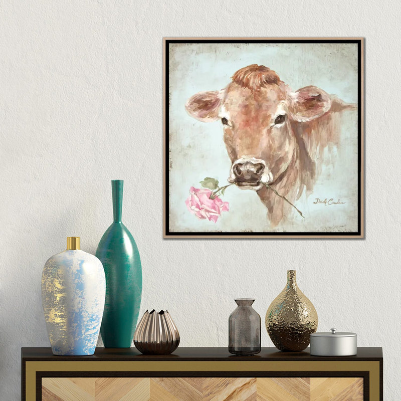 « Cow with Rose », reproduction, H 18 po x l 18 po x P 1,5 po, Toile flottante en bois naturel avec cadre flottan