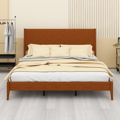 Sled Bed Frame, Mid Century Modern Platform Sleigh Bed with Wood Slats and Metal Support