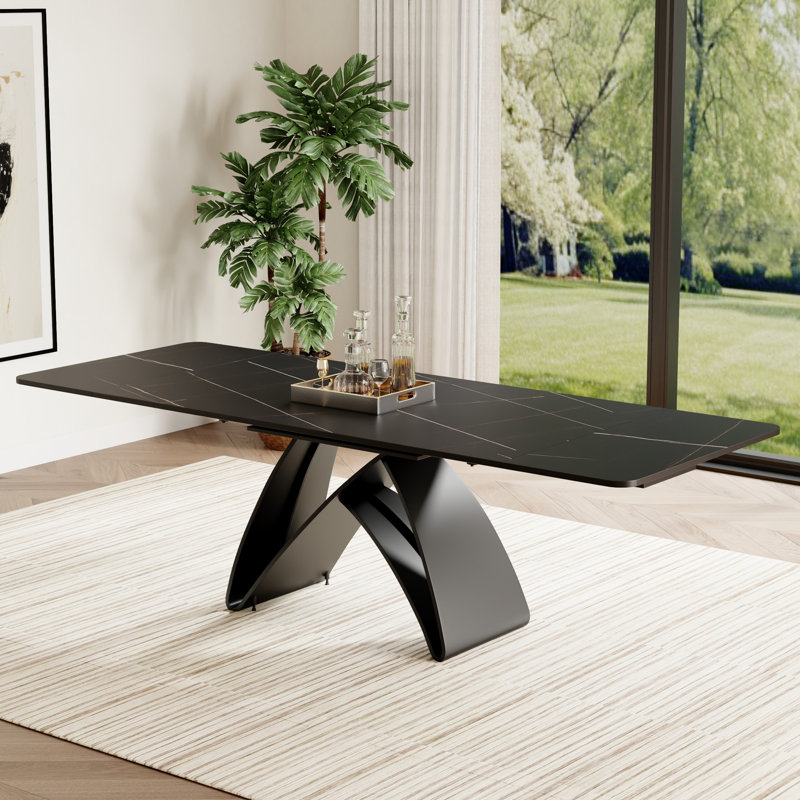 Table de salle à manger extensible de 63 à 95 pouces pour 6 à 10 personnes avec plateau en pierre frittée noire et base en métal