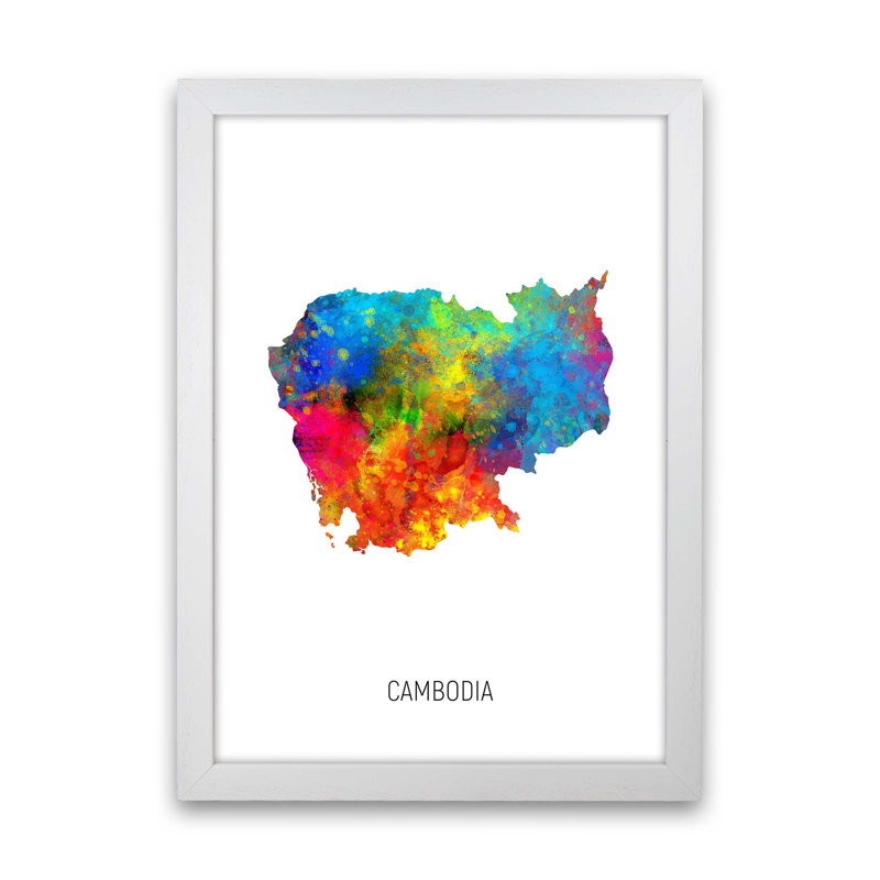 Cambodia Watercolour Map by Michael Tompsett - Print, White Framed, 63cm H x 46cm W x 3cm D
