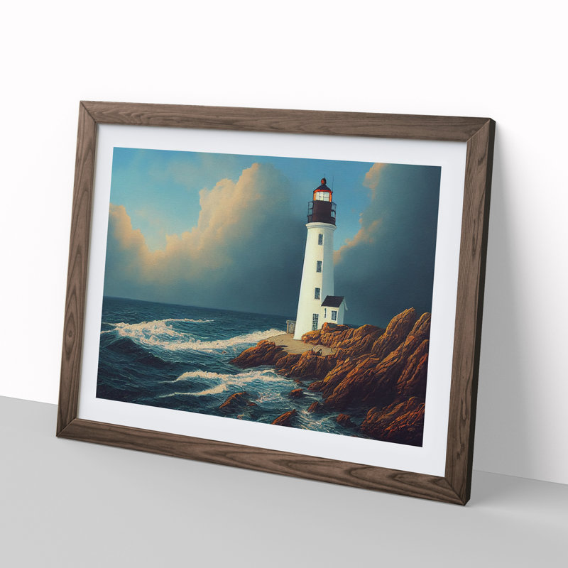 Unbeatable Lighthouse Seascape - Framed Print, 34cm H x 46cm W x 2cm D, Walnut Framed
