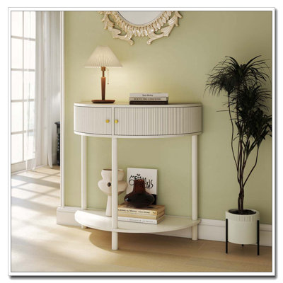 Console Table de bout demi-lune avec 2 tiroirs de rangement et tablette inférieure pour le salon, la chambre à coucher, le bureau et le couloir