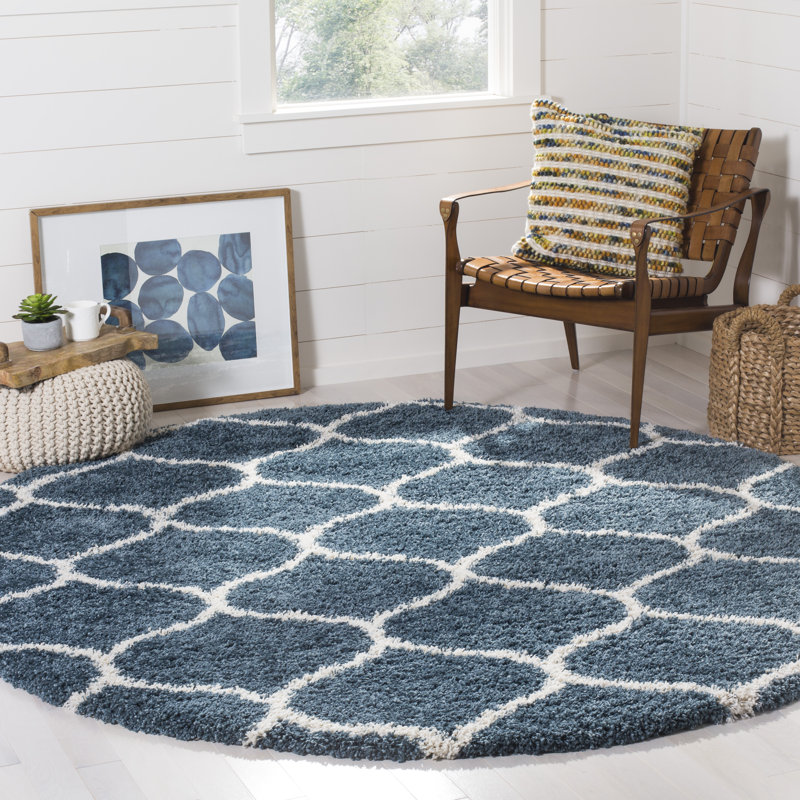 Tapis à poils longs Darrold Hudson, Rond 3 pi, Bleu / Ivoire