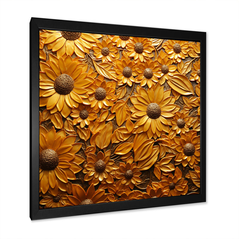 Tournesol doré rayonnant sur toile, Cadre simple noir, H 30 po x l 30 po x P 1 po