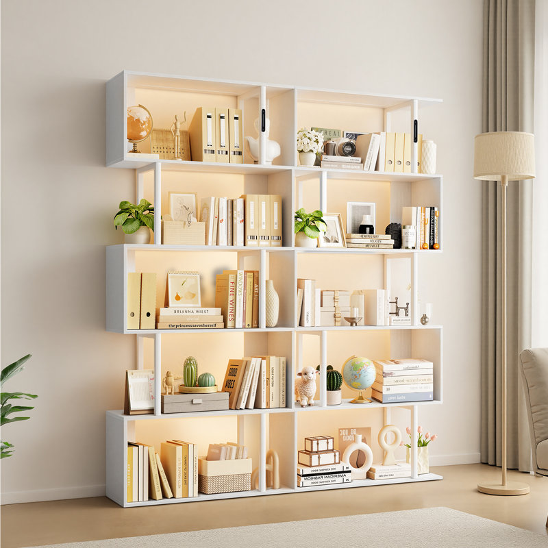 6-Tier Geometric Bookcase with Lighting, White