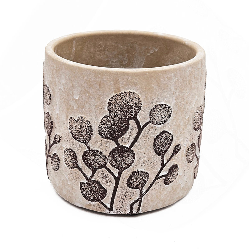 Ensemble de 4 jardinières en sable et ciment gris 4,3 x 4,3 x 4 po avec motifs botaniques bruns