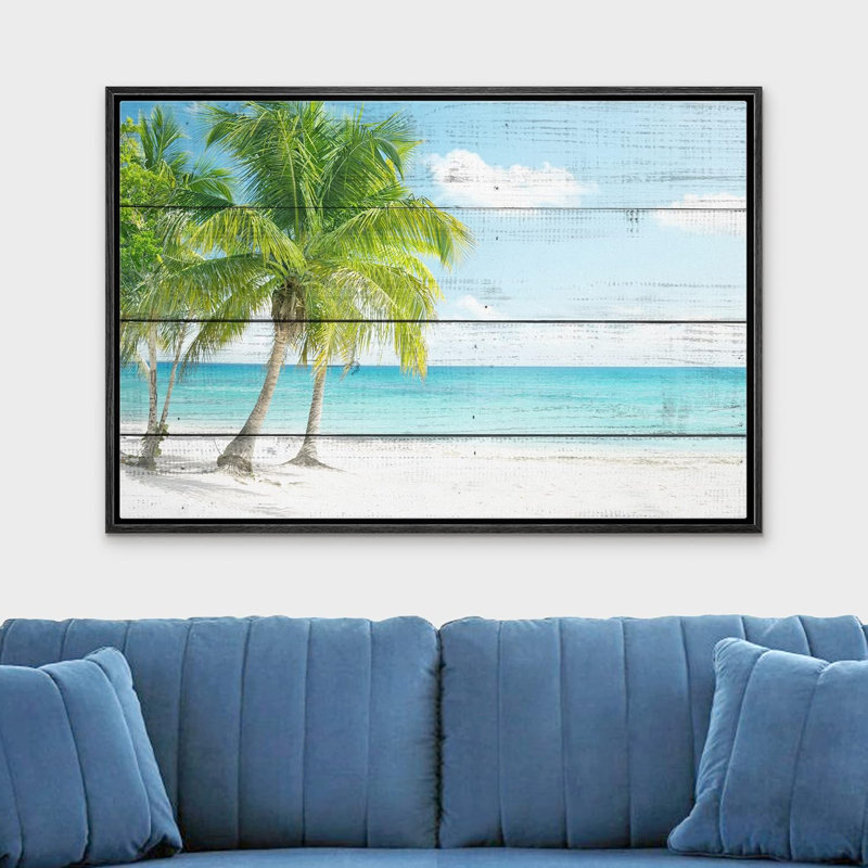 Palmier tropical, océan, paradis, effet de bois, panneaux, art moderne, rustique, H 16 po x l 24 po, Cadre flottant noir