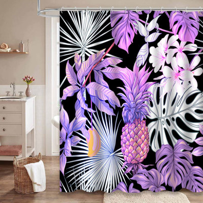 Rideau de douche imperméable à motif floral noir néon avec 12 crochets