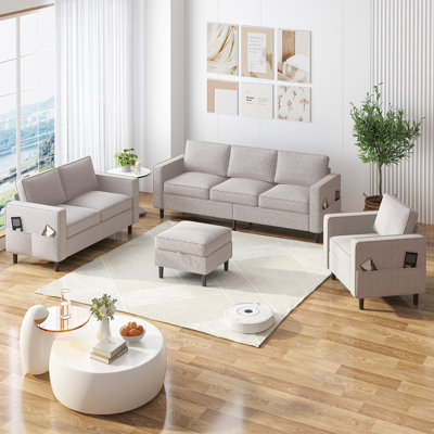 Modern Sofa, Loveseat And Single Seat Set - Durable 4-piece Living Room Furniture, Sturdy L-shaped Sectional Couch With Storage Ottoman, Space-saving
