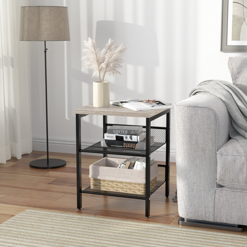 Set of 2 3-Tier Side End Table, Wood Top Metal Mesh Storage Nightstand for Bedroom Living Room