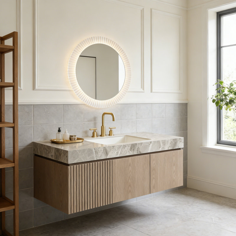 Meuble-lavabo de salle de bain, armoire de rangement en contreplaqué flottant avec tiroir et porte, plateau en pierre frittée gris clair et lavabo en céramique