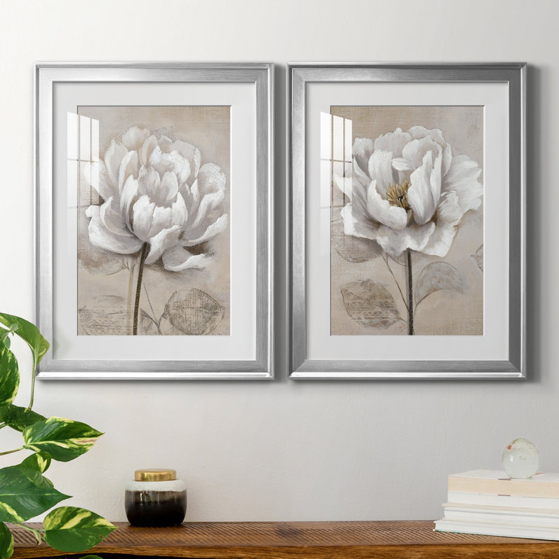 "Soft White I", ensemble de 2 reproductions d'art, Impression encadrée avec passe-partout, H 18,5 po x l 49 po, Argent argent