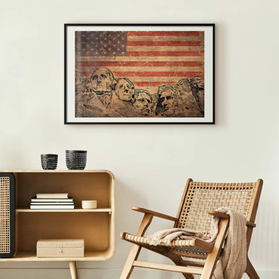 Framed Poster - Statue and flag on wooden background