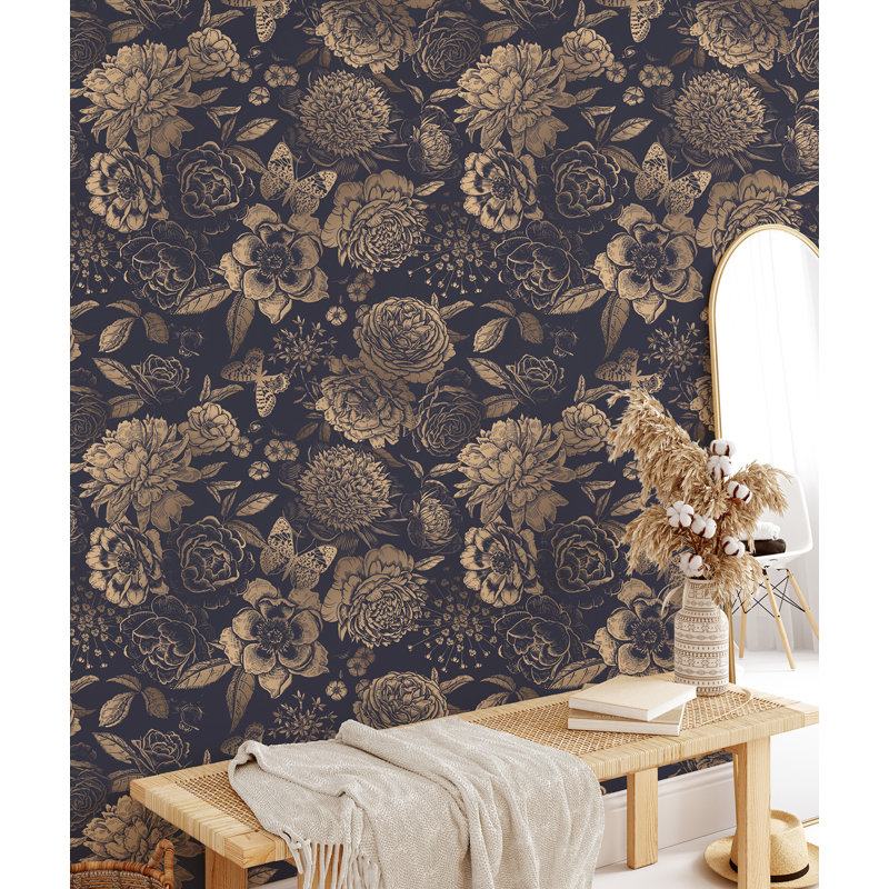 Papier peint à peler et coller Golden Vintage Flowers and Butterflies Cullison, L 4 pi 2 po x l 2 pi
