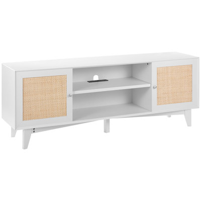 Meuble télé en rotin pour téléviseur de 75 pouces, centre multimédia avec prise intégrée, armoire de rangement à 2 étagères, meuble télé bohème avec porte en rotin, console télé moderne pour salon ou salle multimédia, blanc