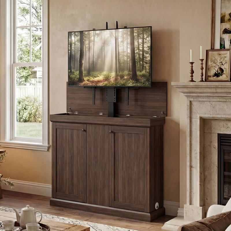 50" Painted Automatic TV Lift Cabinet,TV Stand With Remote Control And Safety Stopper, Brown