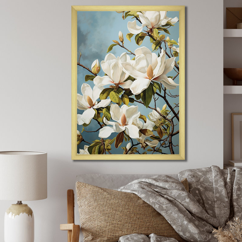 Blanc, jaune, magnolia, magnolia, harmonie - magnolia, art mural, Cadre doré simple, H 40 po x l 30 po x P 1,5 po