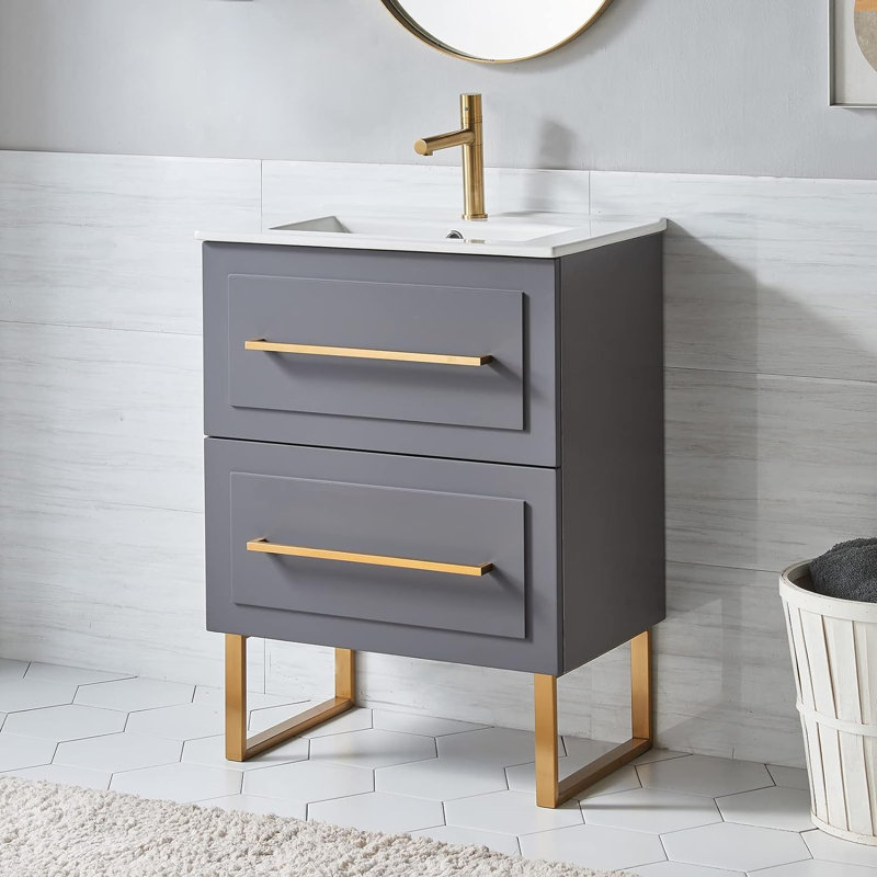 Meuble-lavabo simple 24 po à 2 tiroirs avec plateau en céramique 24 po