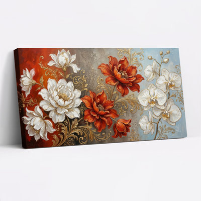 Tableau sur toile à motif floral rouge et blanc, orné de détails dorés (lot de 1)