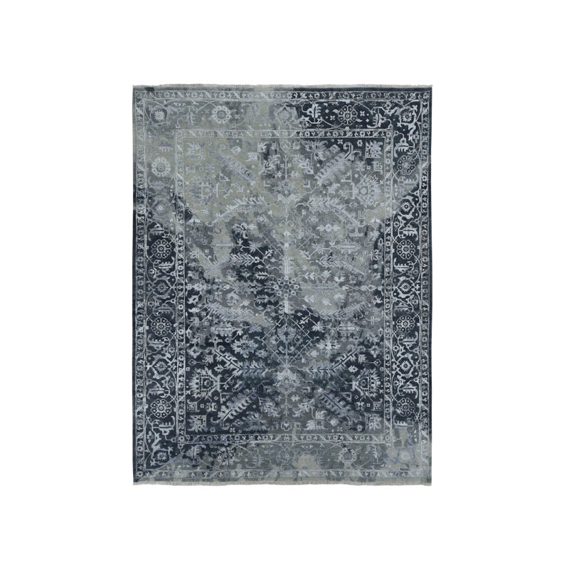Tapis gris en laine et soie noué à la main 9 pi x 12 pi Zeroastrian Heris E98DEDA018E646F7B5ABF75379F10A2F