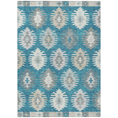 9' X 12' Teal Blue Ivory And Gray Southwestern Washable Indoor Outdoor Area Rug
