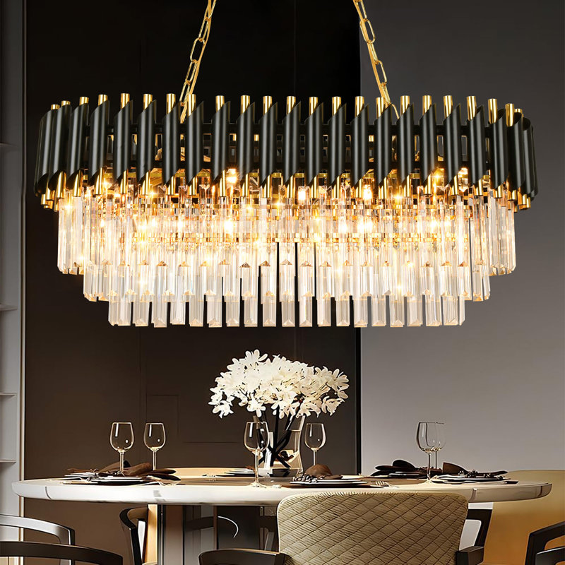 8 - Light Dimmable Tiered Chandelier With Crystal Accents, Black