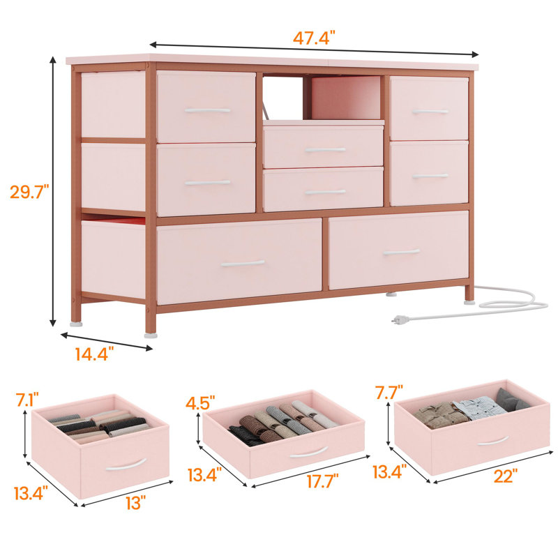 8-Drawer Fabric Dresser TV Stand with RGB LED & Power Outlet, Wood-Top Storage Console for 55" TV, Pink