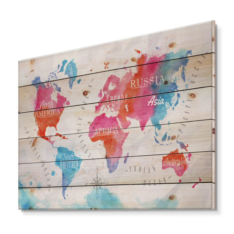 Carte du monde en rose et bleu - impression moderne sur bois de pin naturel, H 25 po x l 35 po x P 0,78 po