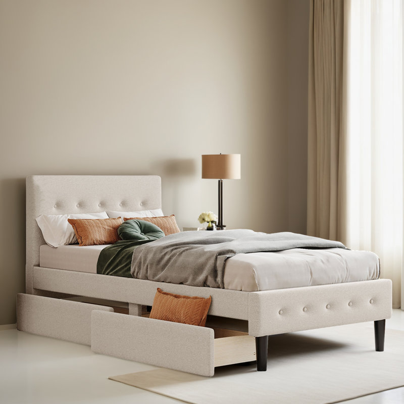 Twin Size Upholstered Platform Bed Frame with 2 Drawers, Beige
