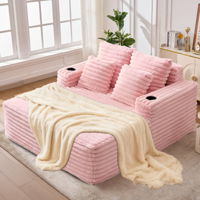 Canapé-lit d'appoint 53 po en velours côtelé rose, fauteuil inclinable avec porte-gobelet et coussin, sans assemblage