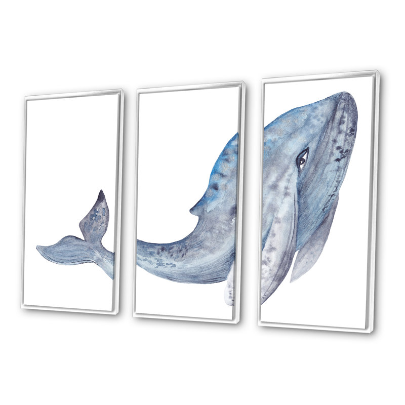 Large Whale - 3 pièces, peinture sur toile à cadre flottant, Cadre blanc, L 48 po x H 32 po