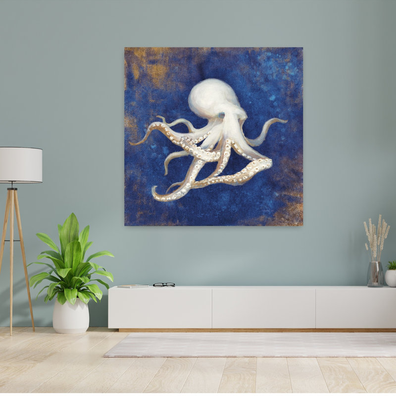 Trésors de la mer, art indigo contemporain, pieuvre, H 48 po x l 48 po