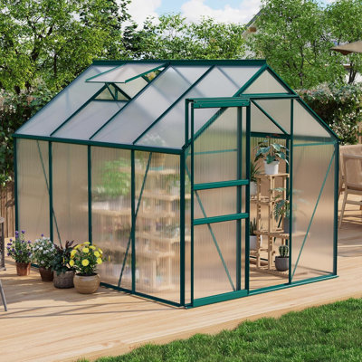 Serre en polycarbonate vert robuste de 6 pi x 8 pi avec cadre en aluminium, porte coulissante verrouillable, évent de toit et gouttière pour jardin ou patio