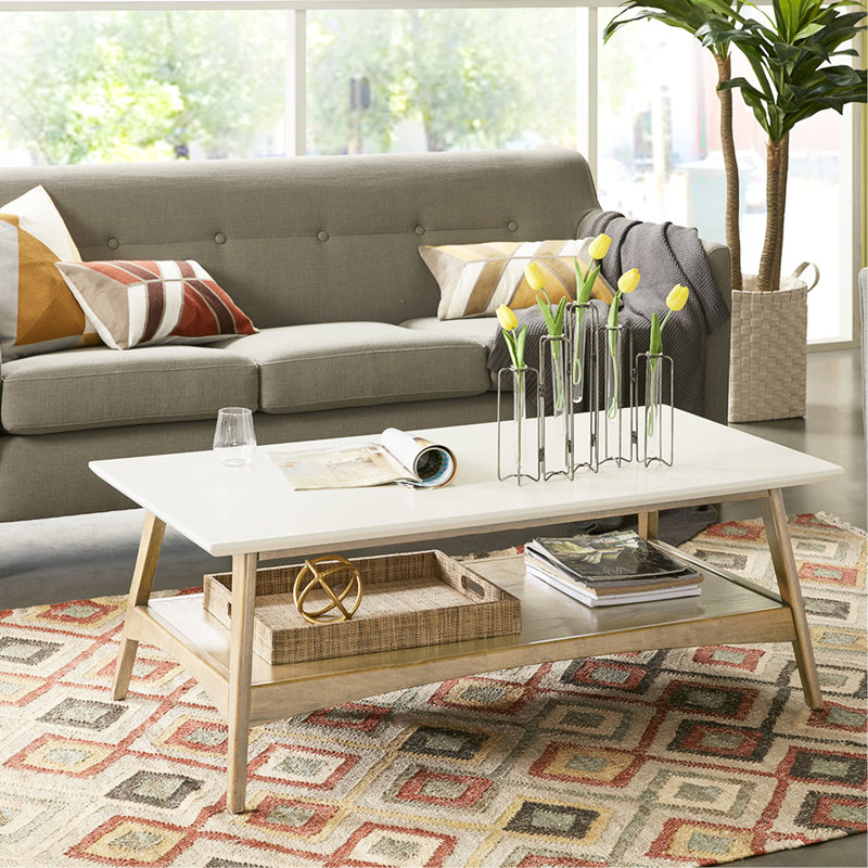 Table basse - construction en bois massif, plateau et tablette, contraste deux tons naturel, assemblage requis, option de rangement supplémentaire, cadre tendance de style moderne, ton naturel, requis pour