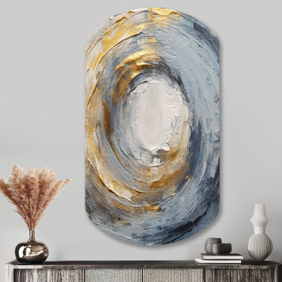 Gold and Blue Vibrant Spirals IV - Abstract Spirals Asymmetrical Metal Wall Art, Modern Cylinder Metal Art Print