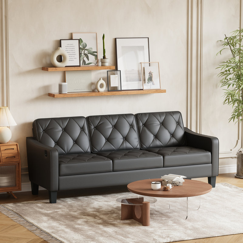 82” Wide Mid-Century Modern 3-Seater Sofa, Black Faux Leather