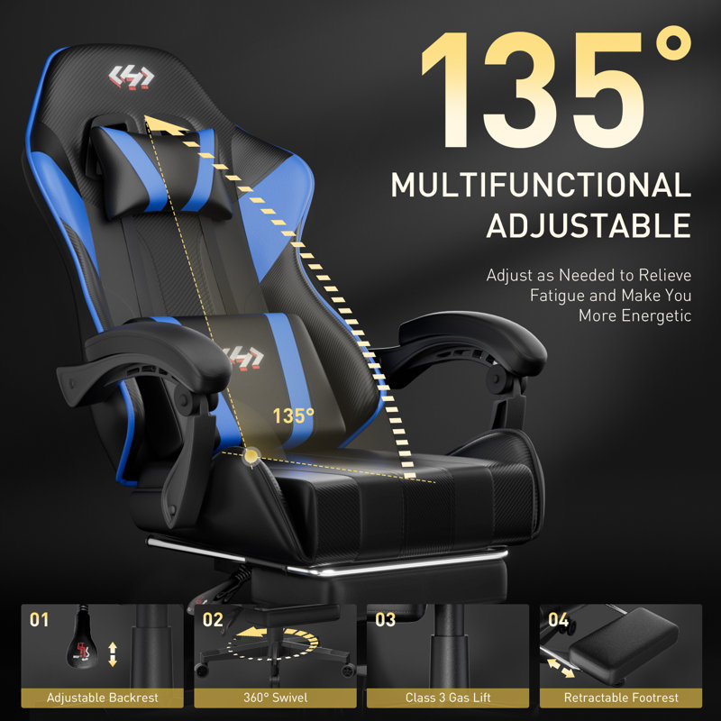HLDIRECT Gaming Chair with Pocket Spring Cushion, Video Game Chair, Gaming Computer Chair, Ergonomic Chairs with Headrest and Lumbar Support for Adults, Swivel PU Leather Office Chair