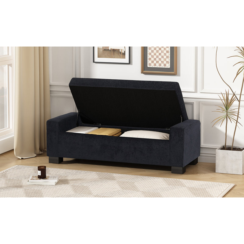 50" Ottoman Bench In Textured Fabric, Rectangular Design With Hinged Lid For Seating, Footrest, And Hidden Storage, Dark Blue
