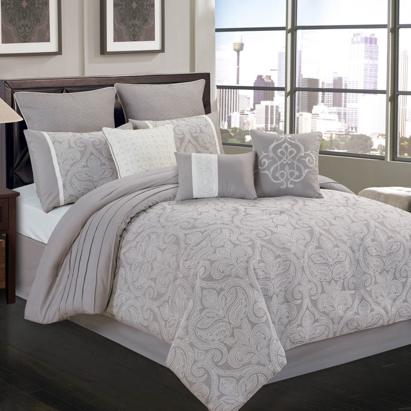 Gray Damask Jacquard Queen Comforter Set with Decorative Pillows