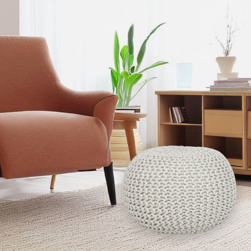 Ls Lychee Cotton Knit Pouf Ottoman , Ivory
