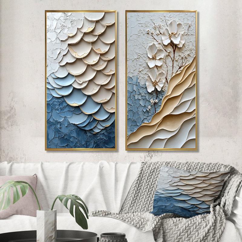 Ensemble de 2 pièces d'art mural blanc et bleu, H 40 po x l 40 po, Impression encadrée, Doré