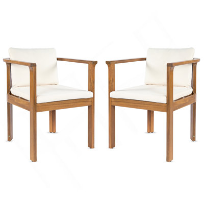 Outdoor Dining Chair Set of 2 with Curved Acacia Wood Arms, Teak Finish and Cream Cushions