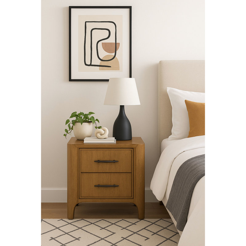 Table de chevet 2 tiroirs en placage d'eucalyptus brun clair, mouvement doux à fermeture en douceur, doublé de feutre pour un rangement sûr, charge intégrée, 18,5 po de largeur, 28 po de profondeur, 26 bois massif et brun clair, tiroirs, montres, largeur,