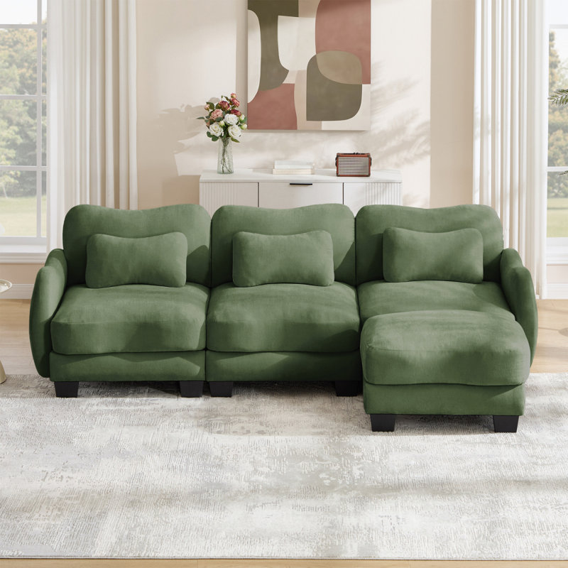 Canapé en L Chenille avec 1 repose-pieds mobile, canapé modulaire surdimensionné à 3 places avec 3 coussins de taille exquise, conception ergonomique, canapé modulaire facile à assembler pour le bureau du salon, vert