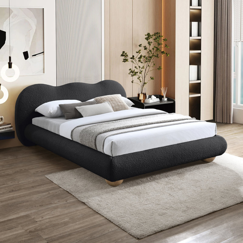 Hyde Upholstered Panel Bed, Black Boucle Fabric, Full / Double