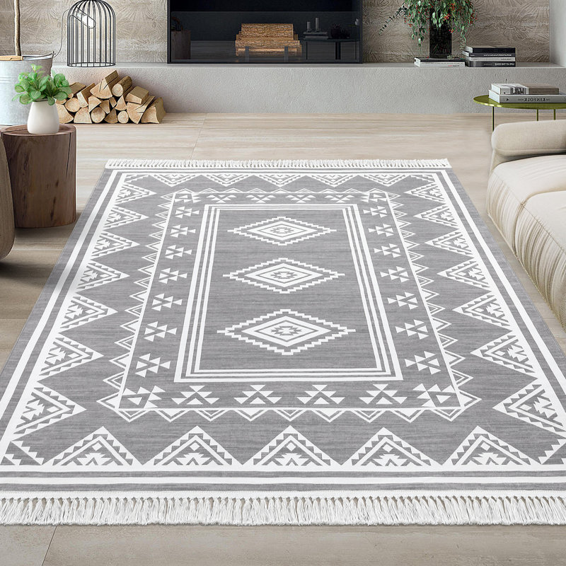 4x6 Area Rug, Machine Washable Tassel Rugs for Living Room, Indoor Non-Slip Front Door Mat, Stain Resistant Floor Cover Carpet, Bordered Tribal Accent Rug, Grey Rug for Dining Room