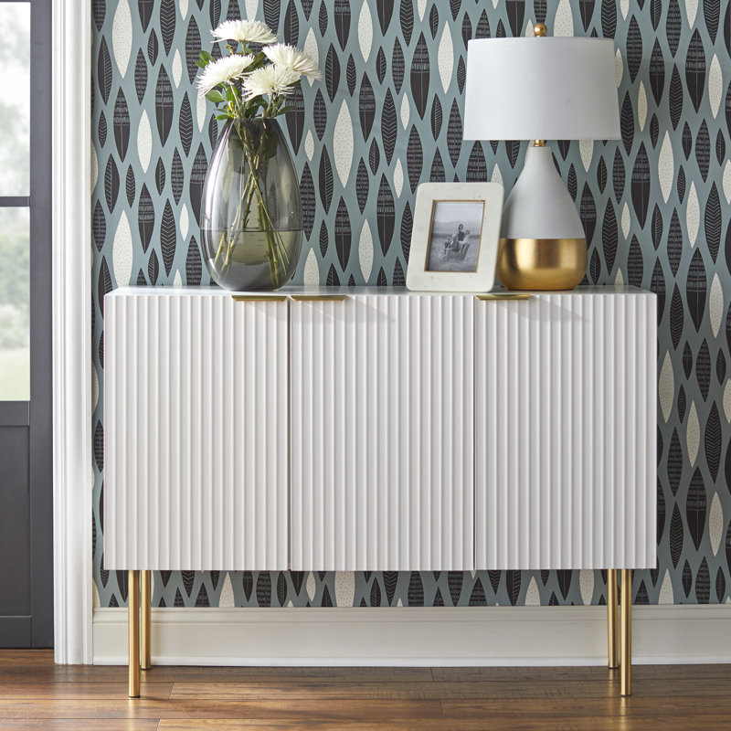White and Gold Channel Front Sideboard with Adjustable Shelf