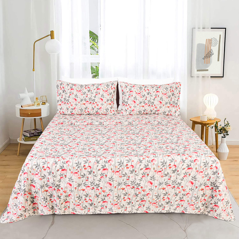 Ensemble de draps 100% coton avec poches profondes, draps en percale douillette avec ensemble de literie et de taies d'oreiller 4 pièces, Blush Floral